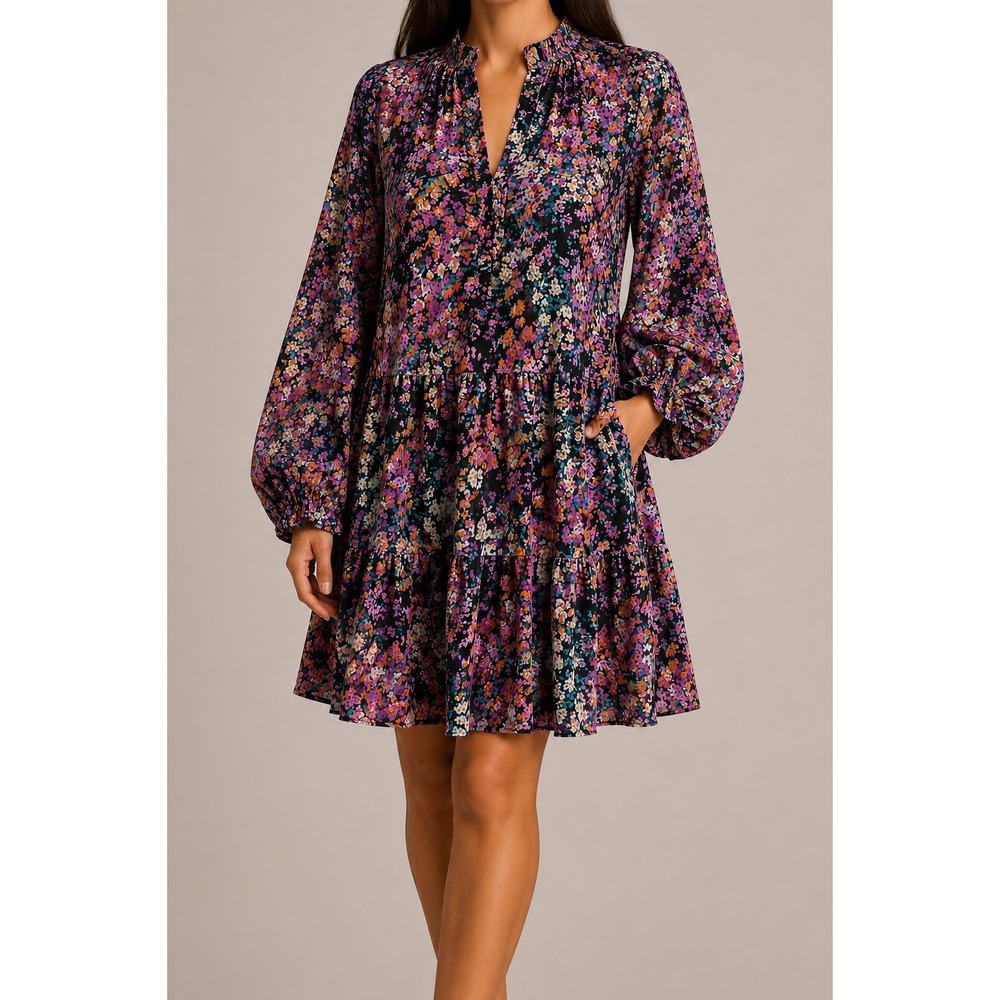 Vince Camuto Womens Floral Tiered Babydoll Mini Dress Long Sleeve Pink Black M - Picture 1 of 9